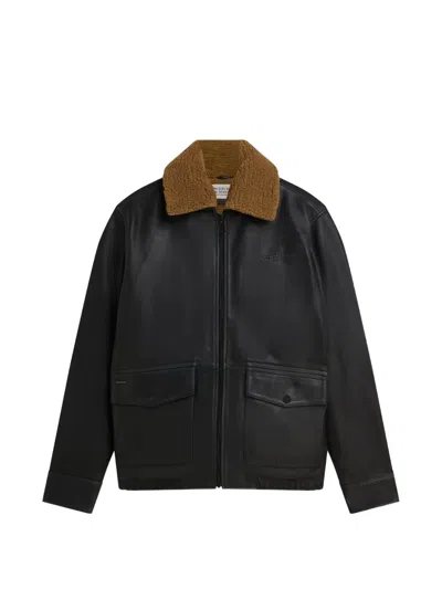 Scotch & Soda Shearling-collar Leather Jacket In Black