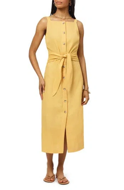Scotch & Soda Sleeveless Button Front Linen Blend Midi Dress In Yellow