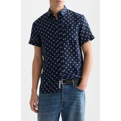 Scotch & Soda Star Flower Print Short Sleeve Linen Button-up Shirt In Blue