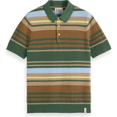 Scotch & Soda Stripe Textured Cotton Knit Polo In Sage Green Multi Stripe