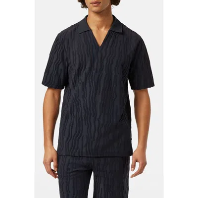 Scotch & Soda Terry Jacquard Johnny Collar Polo In Black