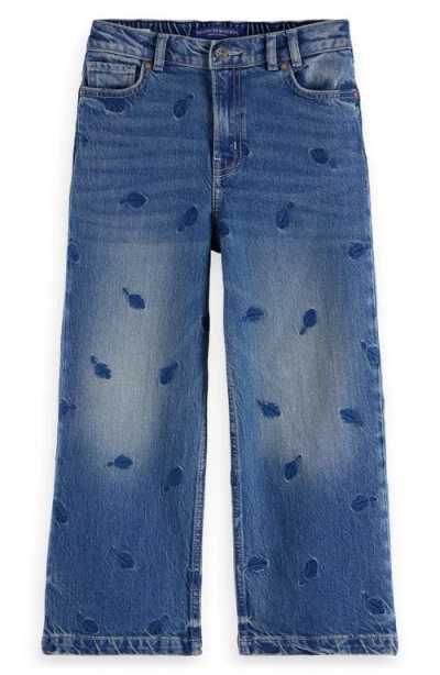 Scotch & Soda Kids'  The Deep Loose Embroidered Wide Leg Denim Jeans In Blue