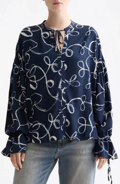 Scotch & Soda Tie Neck Ruffle Cuff Top In Blue
