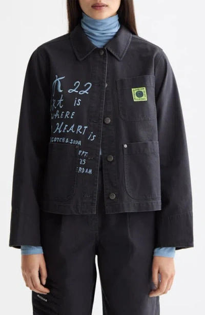 Scotch & Soda Washed Embroidery Detail Cotton Workwear Jacket In Black