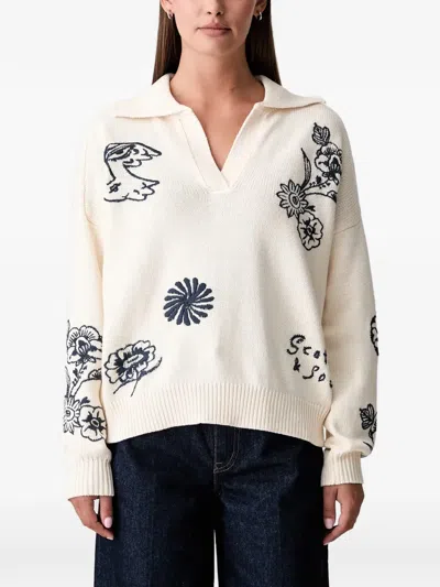 Scotch & Soda X Royal Delft Floral-embroidered Polo-collar Sweater In Neutral