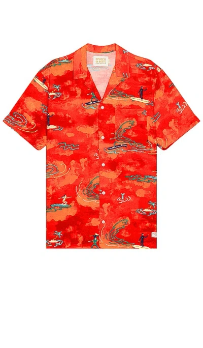 Scotch & Soda Allover Printed Viscose Short Sleeve Shirt In Red Surfer