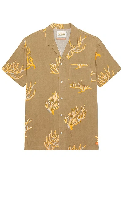 Scotch & Soda Allover Printed Viscose Short Sleeve Shirt In Taupe Coral