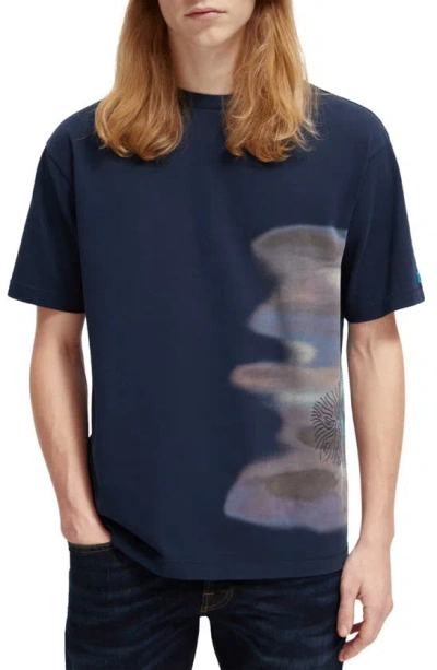 Scotch & Soda Blurred Landscape Artwork T-shirt In Navy