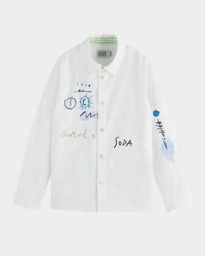 Scotch & Soda Kids' Boy's Embroidered Artwork Button-front Shirt In White