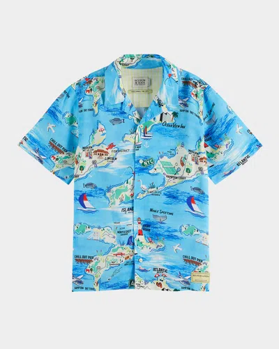Scotch & Soda Kids' Boy's Map-print Button-front Shirt In Hampton Islands Blue Aop
