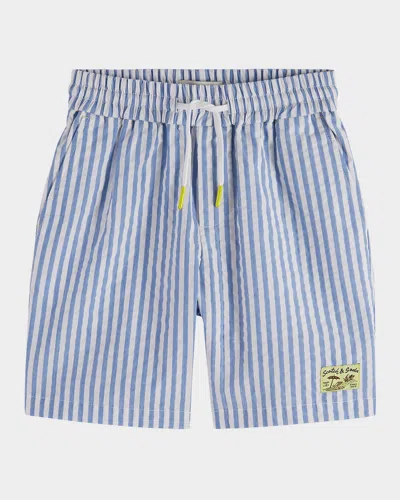 Scotch & Soda Kids' Boy's Striped Seersucker Textured Shorts In Blue