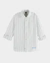 Scotch & Soda Boy's Yarn-dyed Cotton Linen Button-front Shirt In White  Bright Green  Calico Stripe