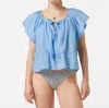 Scotch & Soda Broderie Tie Front Top In Blue