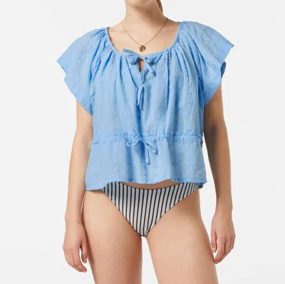 Scotch & Soda Broderie Top In Blue Linen In Multi