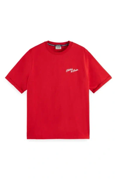 Scotch & Soda Embroidered Artwork Relax Fit Cotton T-shirt In Red