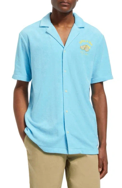 Scotch & Soda Embroidered Terry Cloth Camp Shirt In Washed Neon Blue