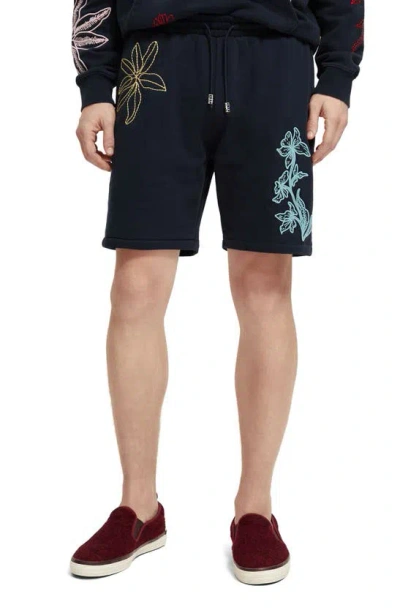 Scotch & Soda Floral Embroidered Sweat Shorts In Black