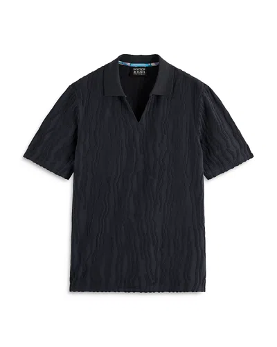 Scotch & Soda Jacquard Open Collar Terry Polo Shirt In Washed Black