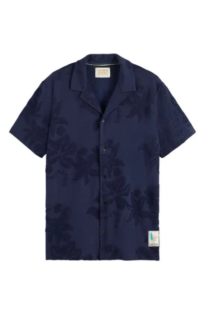 Scotch & Soda Jacquard Terry Camp Shirt In Navy