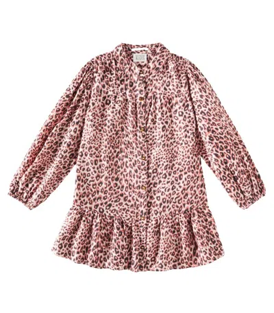 Scotch & Soda Kids' Leopard-print Cotton Flannel Shirt Dress In Pink