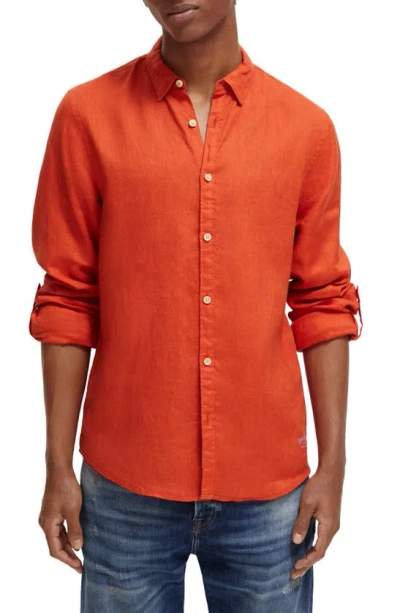 Scotch & Soda Linen Roll Sleeve Button-down Shirt In Medium Red