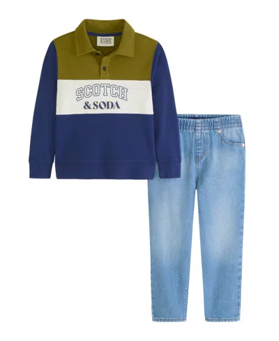 Scotch & Soda Kids' Little Boys French Terry Graphic Polo Denim Pant Set, 2- Piece Set In Evening Skies