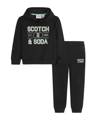Scotch & Soda Kids' Little Boys Graphic Fleece Hoodie Pant Set, 2- Piece Set In Black