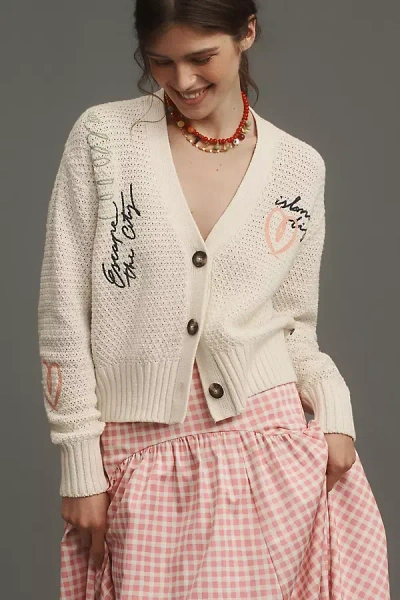 Scotch & Soda Long-sleeve V-neck Embroidered Cardigan In White