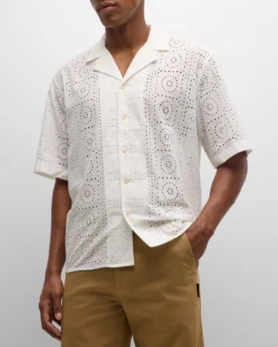 Scotch & Soda Men's Broiderie Anglaise Camp Shirt In White