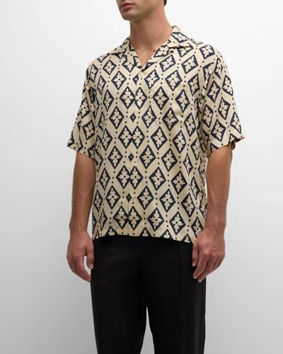 Scotch & Soda Printed Regular Fit Button Down Camp Shirt In Parchment Geo Flower