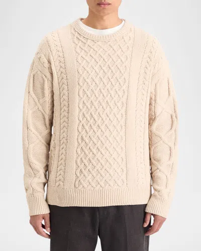 Scotch & Soda Men's Crewneck Extra Dropped Shoulder Chenille Cable Sweater In Parchment