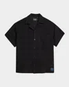 Scotch & Soda Relaxed Fit Open Knit Short Sleeve Button-up Shirt In Washed Black
