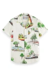 Scotch & Soda Printed Short Sleeve Button Front Camp Shirt In Canal Boats