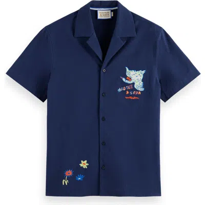 Scotch & Soda Artwork Embroidered Cotton Camp Shirt In Navy