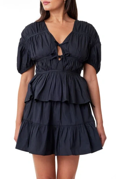 Scotch & Soda Cotton Puff Sleeve Tiered Peplum Top In Black