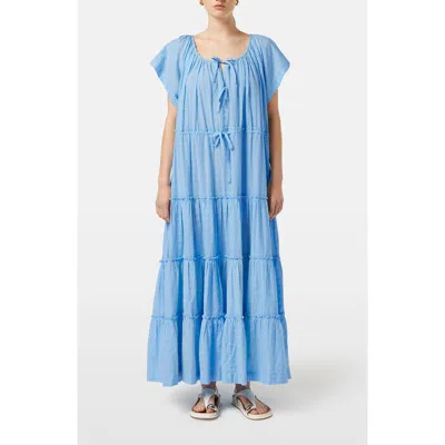 Scotch & Soda Embroidered Tiered Maxi Dress In Blue Linen