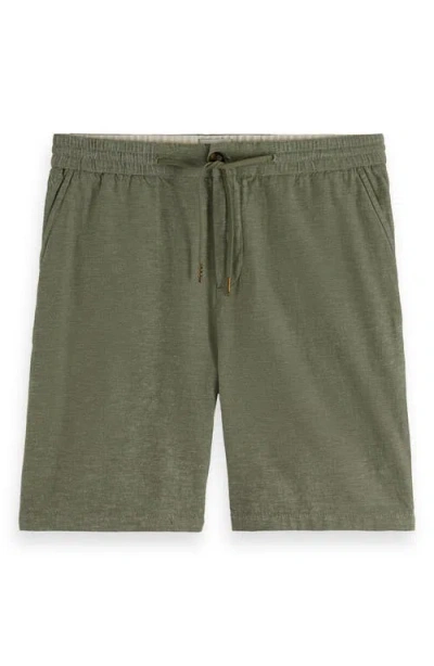 Scotch & Soda Flat Front Slub Cotton & Linen Twill Drawstring Bermuda Shorts In Army