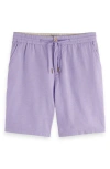 Scotch & Soda Flat Front Slub Cotton & Linen Twill Drawstring Bermuda Shorts In Bright Lavender