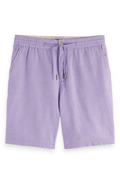 Scotch & Soda Flat Front Slub Cotton & Linen Twill Drawstring Bermuda Shorts In Bright Lavender