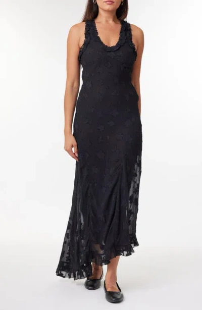 Scotch & Soda Floral Appliqué Ruffle Detail Maxi Dress In Black