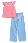 Scotch & Soda Kids' Embroidered Ruffle Sleeve Seersucker Top & Denim Pants Set In Desert Rose
