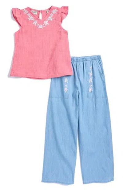 Scotch & Soda Kids' Embroidered Ruffle Sleeve Seersucker Top & Denim Pants Set In Desert Rose