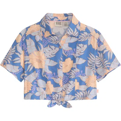 Scotch & Soda Kids' Floral Tie Front Button-up Shirt In Riviera