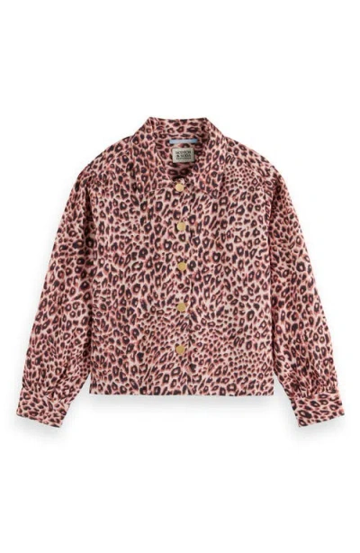 Scotch & Soda Kids' Leopard Spot Cotton Flannel Snap-up Shirt In Blush Leopard