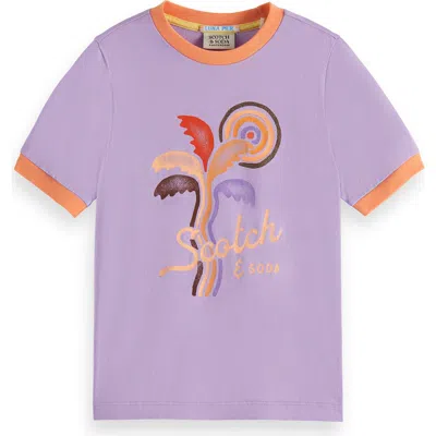 Scotch & Soda Kids' Regular Fit Cotton Graphic Ringer T-shirt In Bright Lavende