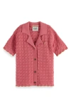 Scotch & Soda Kids' Scallop Pointelle Short Sleeve Polo Sweater In Rose Pink