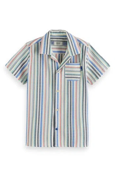 Scotch & Soda Kids' Striped Camp-collar Shirt In White/pastel