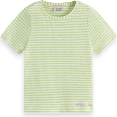 Scotch & Soda Kids' Stripe Cotton & Linen T-shirt In White Green Stripe