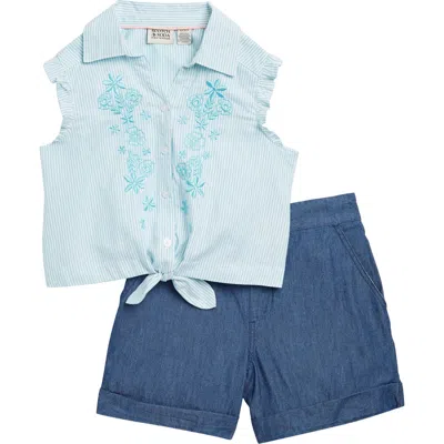 Scotch & Soda Kids' Stripe Embroidered Tie Waist Cotton Shirt & Denim Shorts Set In Marine Blue