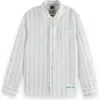 Scotch & Soda Kids' Stripe Linen & Cotton Button-up Shirt In White/bright Green/stripe